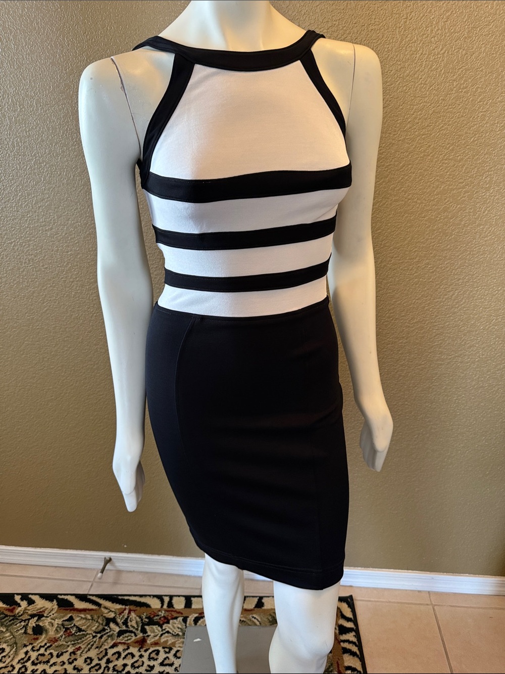 1990s Vintage Tadashi Black and White Striped Bodycon Dress